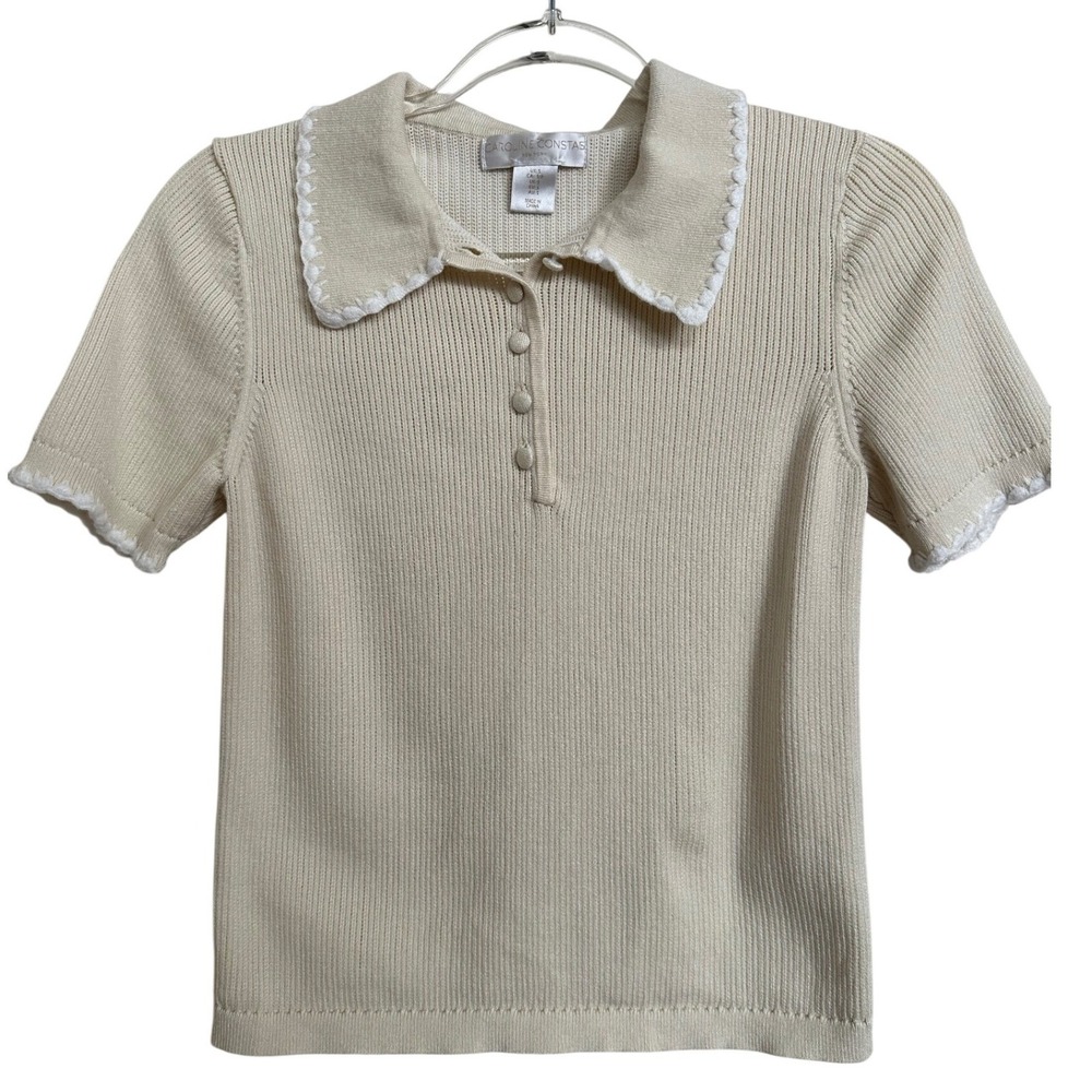 Caroline Constas Crochet Trim Ribbed Knit Polo Top Cream Short Sleeve S